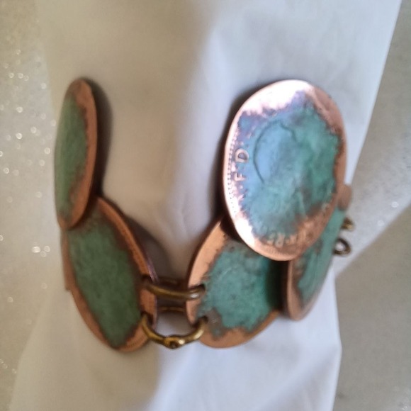 Bracelet Statement Oxidized Copper Turquoise Tone Coin Faux Bold 9" Boho Western - Picture 14 of 15
